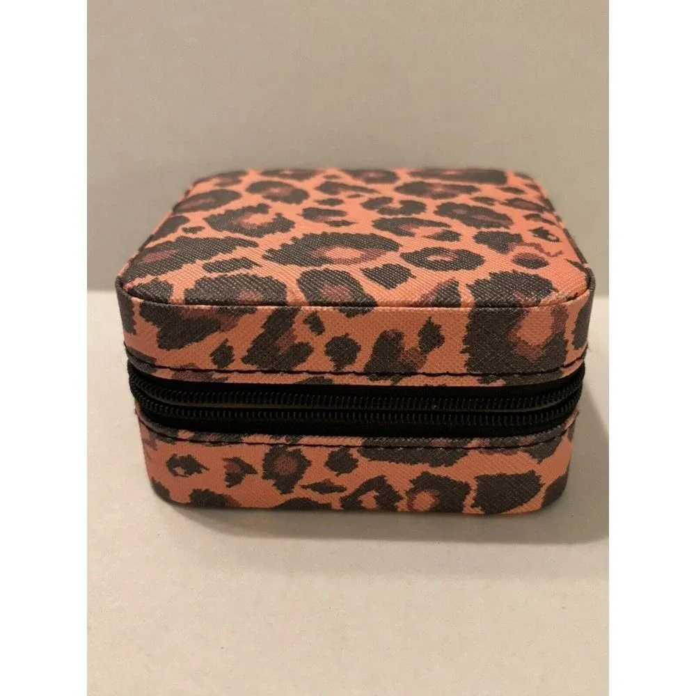 Unisex Animal‎ Print Compact Travel Zippered Ring  Earrings Necklace Jewelry Box